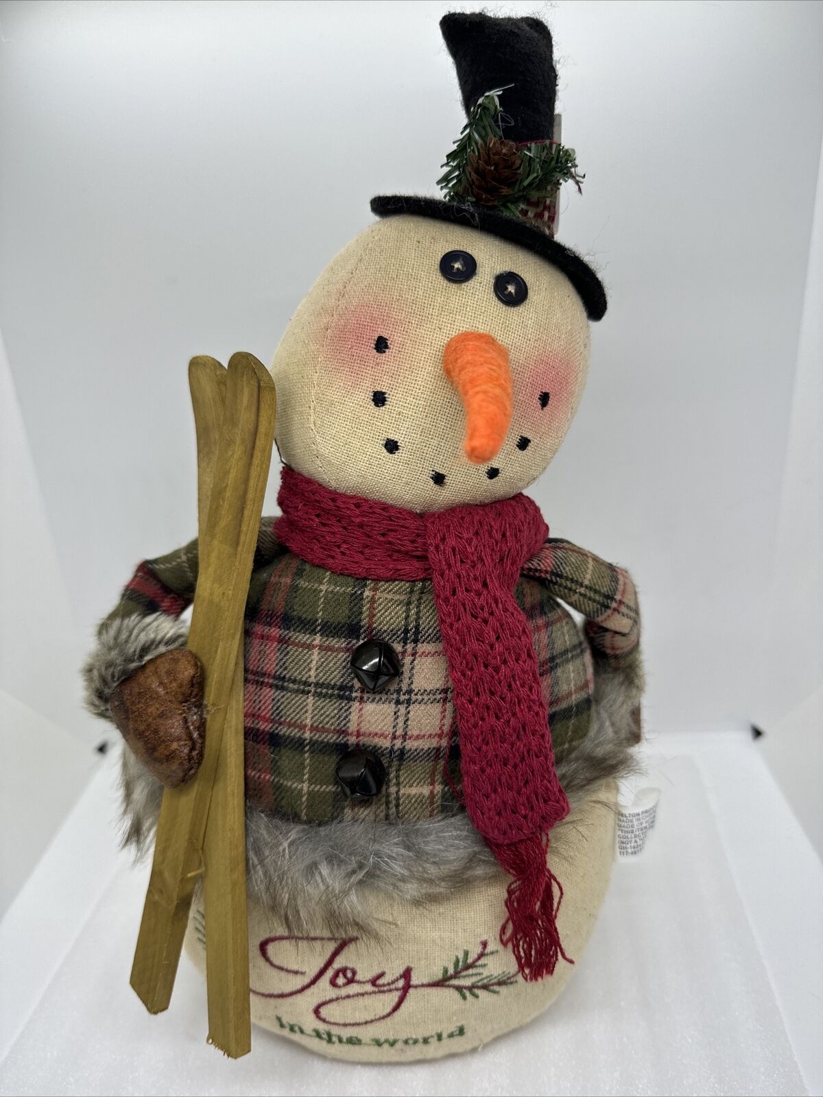 Delton Products 16” Snowman W/Skis Plush Bell Buttons “Joy In The World” Canvas