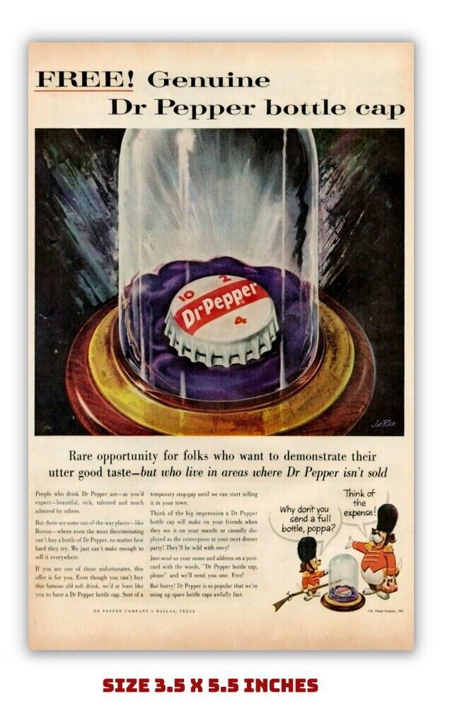 1950\'s FREE GENUINE DR PEPPER BOTTLE CAP OLD AD MAGNET  3.5 X 5.5 \