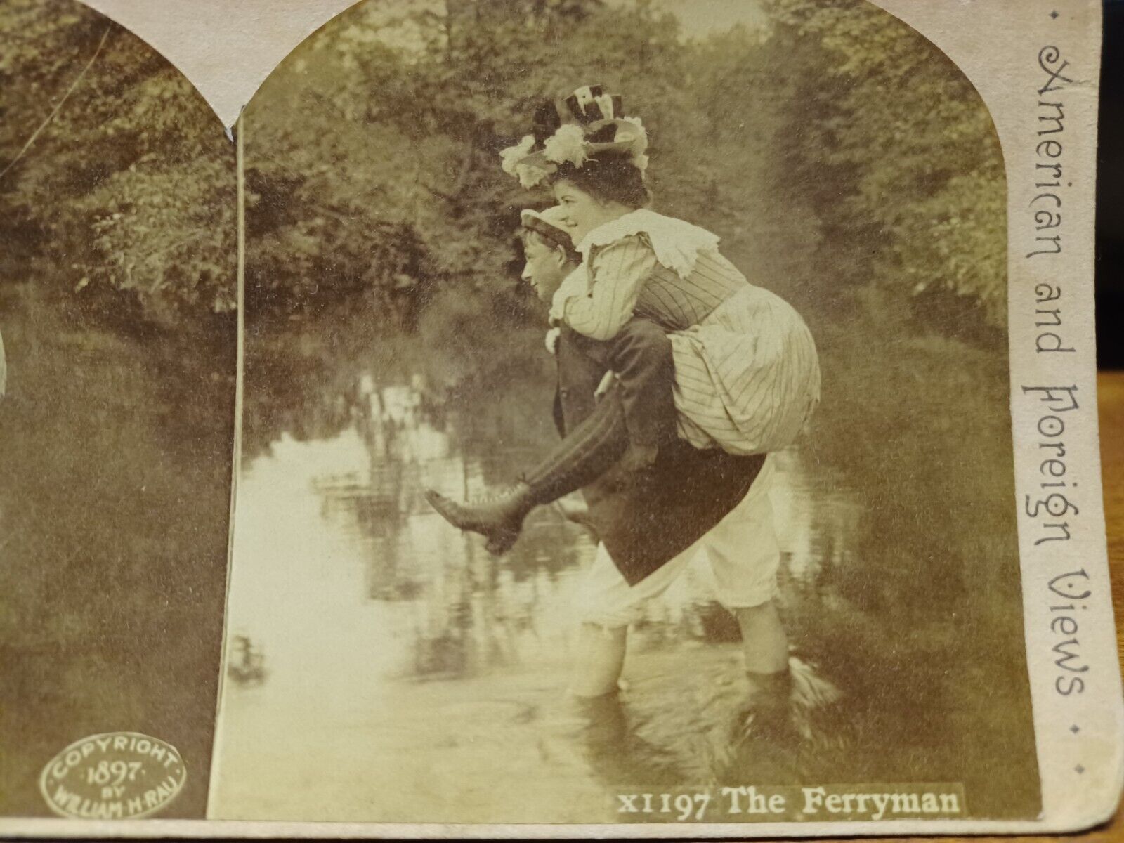 William Rau FERRYMAN Woman 1897 Photo Stamped  Stereoview PHOTO Card