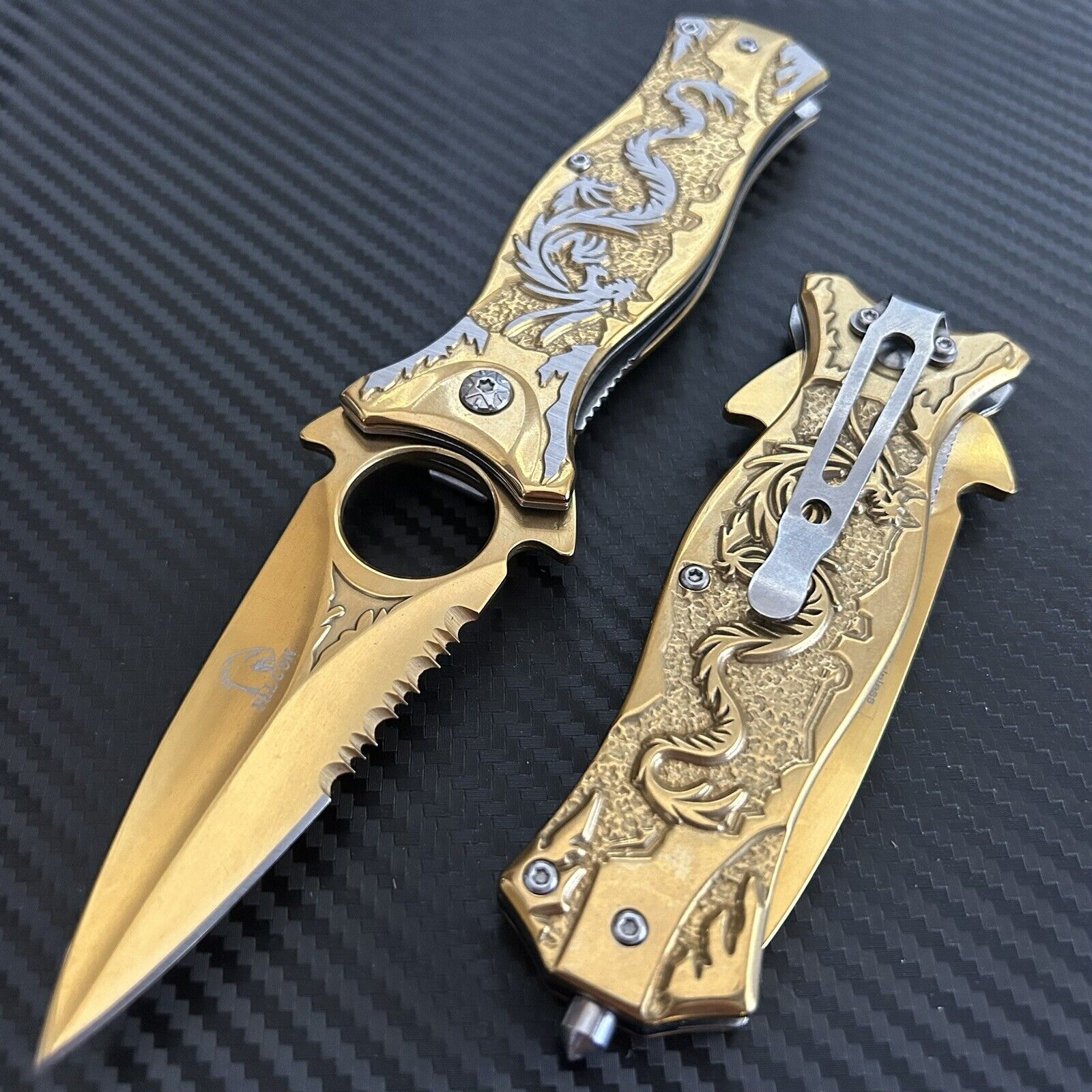 8” Gold Dragon Tactical Spring Assisted Open Folding Pocket Knife Hunting Knife