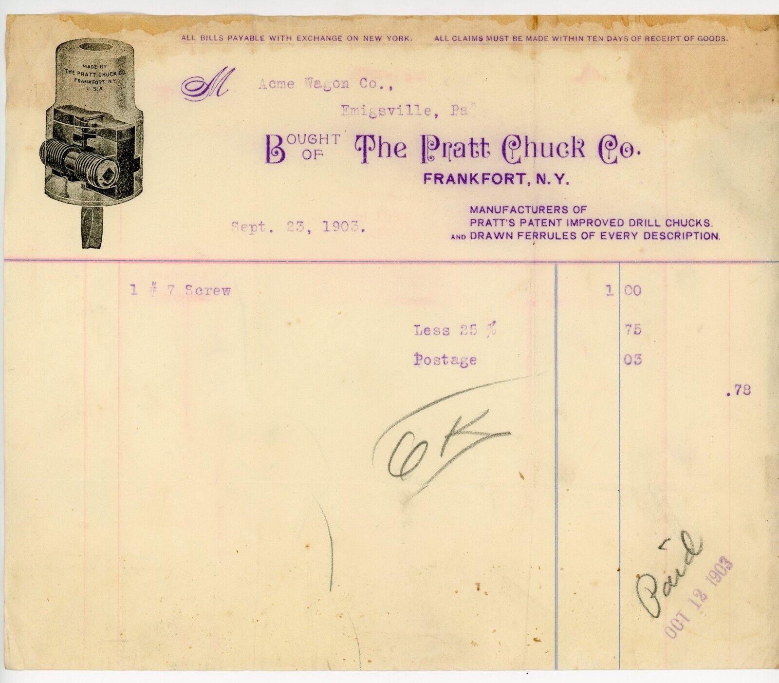 Frankfort NY Billhead The Pratt Chuck Co 1903 Drill Chucks