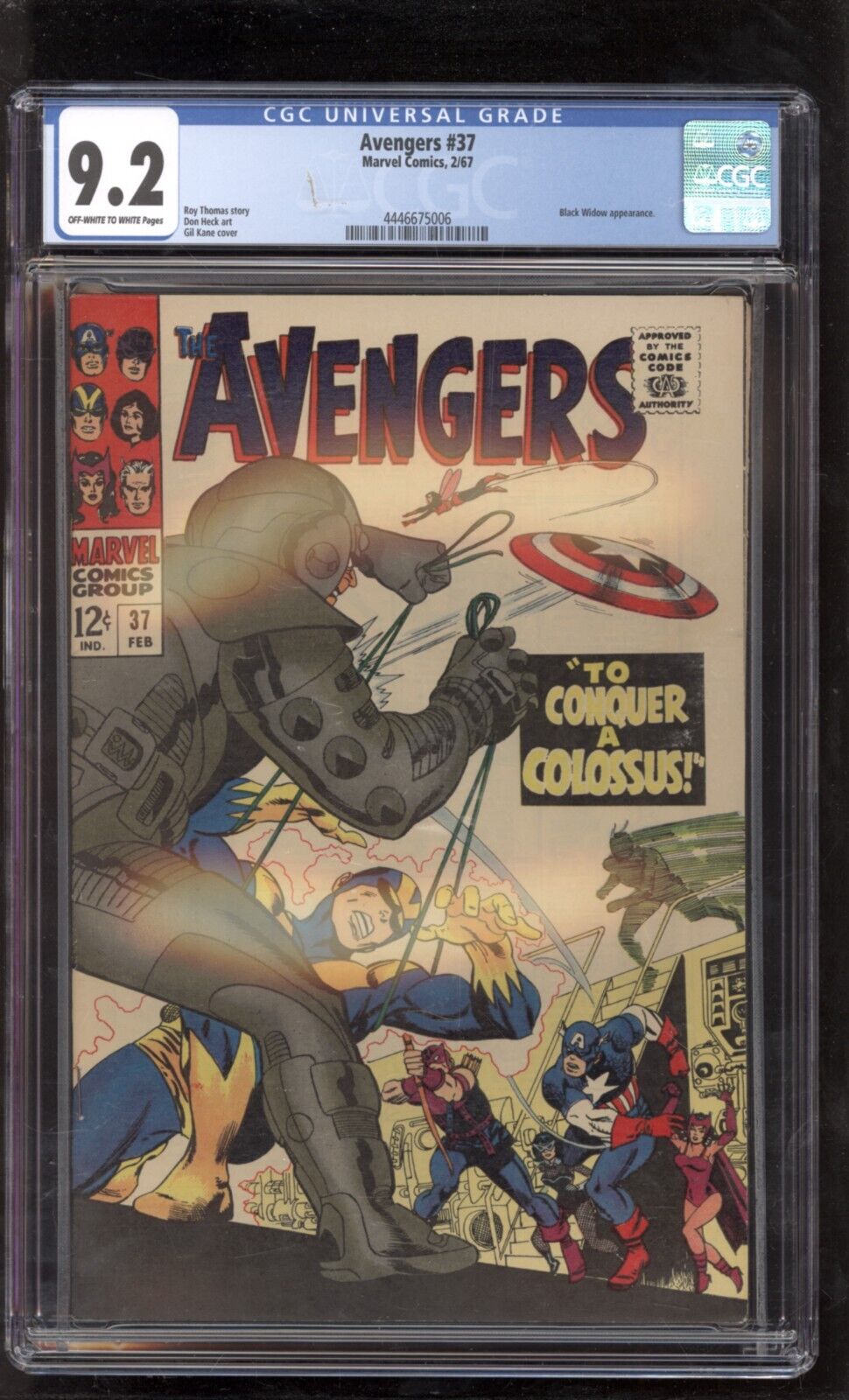 Avengers 37 CGC 9.2 Gil Kane Cover Black Widow App. 1967