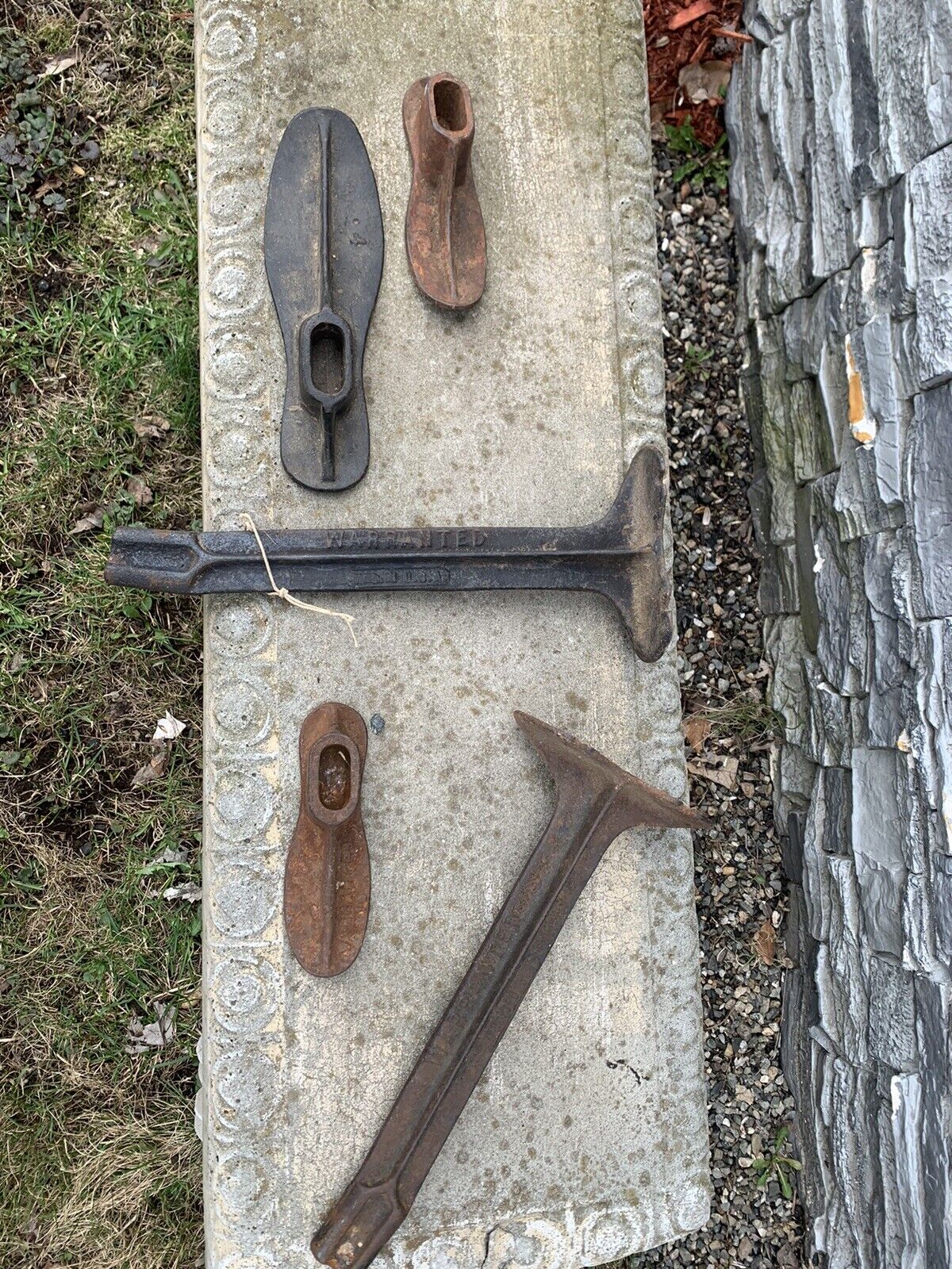 2 Antique Cast Iron Cobbler Shoe Forms Repair Tool Shoemaker 14” Stands 3 Forms