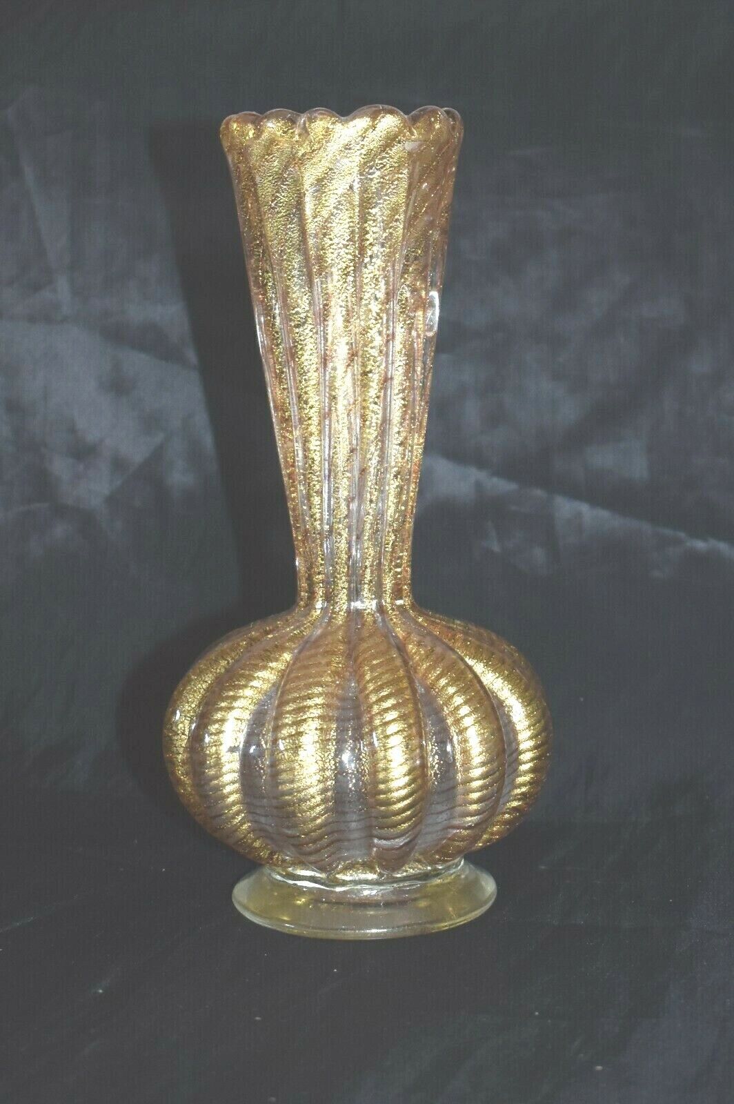 Vintage BAROVIER & TOSO Murano Glass CORDONATO D’ ORO Gold Rope Vase 9\