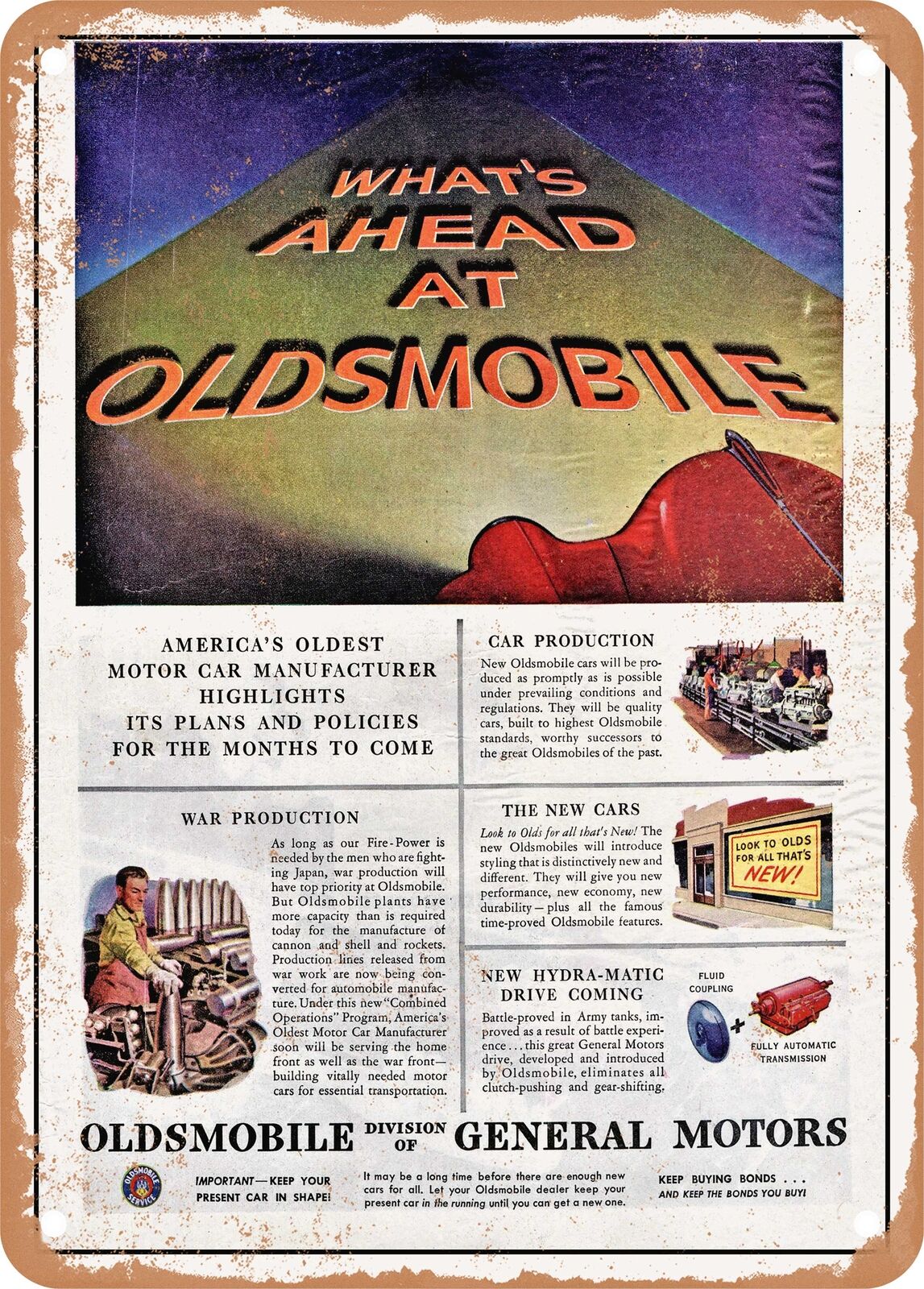 METAL SIGN - 1945 Oldsmobile Postwar Plans Vintage Ad