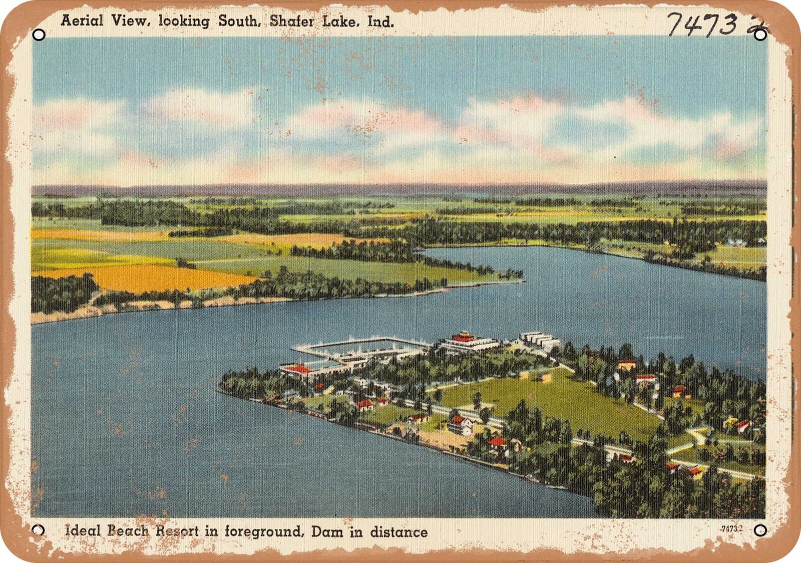 Metal Sign - Indiana Postcard - looking south, Shafer Lake, Ind., Ideal Beach R