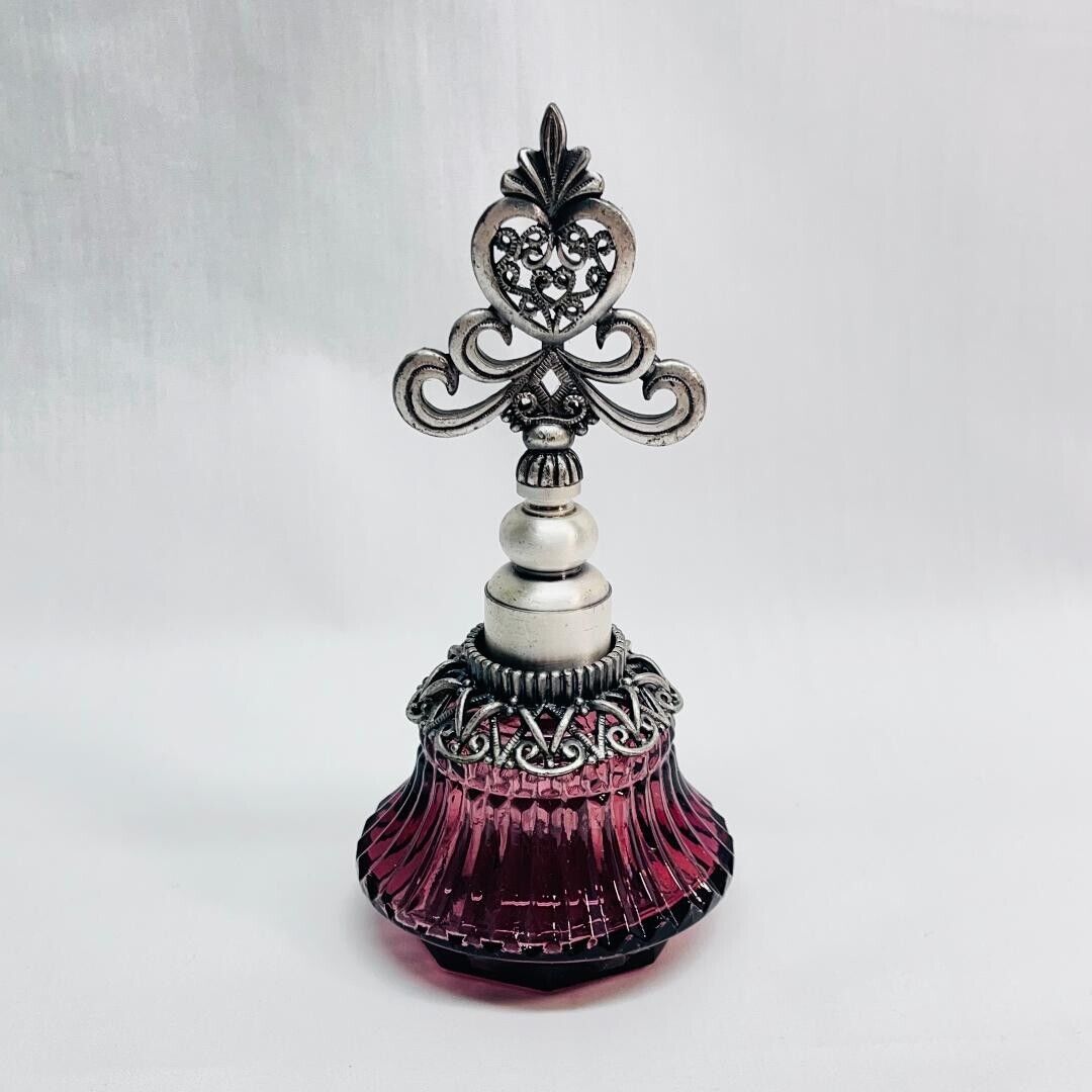 Vintage Ornate Perfume Bottle Purple Glass Silver Metal Top & Dawber 2\