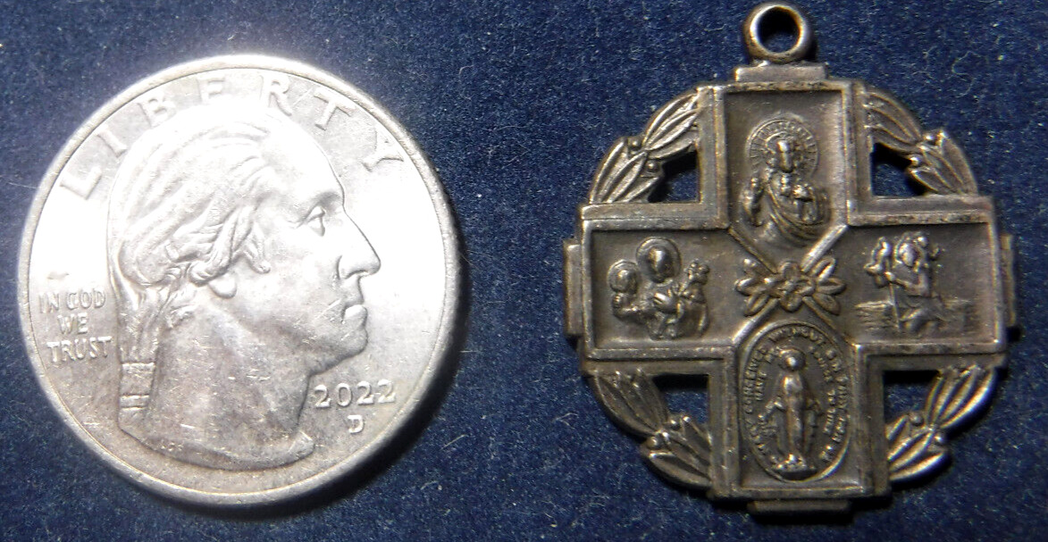 Vintage Catholic Four Way Medal, Sterling Silver