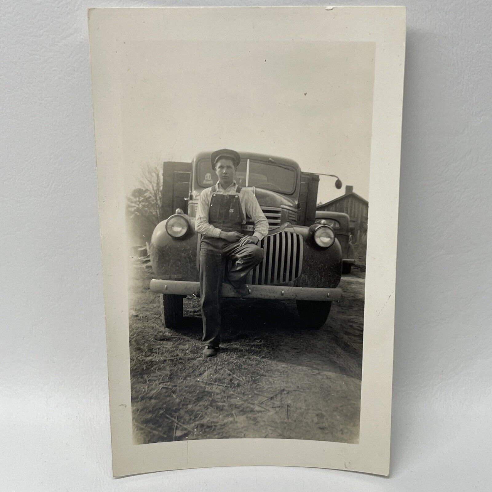 Vtg Snapshot Photo  Man By Chevrolet Truck Overalls Newsboy Cap 1943 Tarrant AL