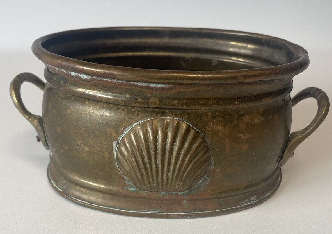 Solid Brass Oval Planter With Shell Design Two Handles Lots of Patina 5 1/2”x 3”