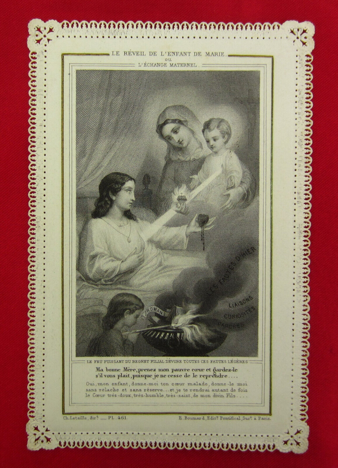 Antique JESUS MARY Lace Holy Card MOST HOLY HEART OF JESUS French Prayer Card