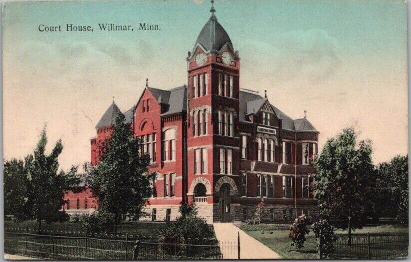 WILLMAR, Minnesota Postcard KANDIYOHI COUNTY COURT HOUSE Street View 1908 Cancel