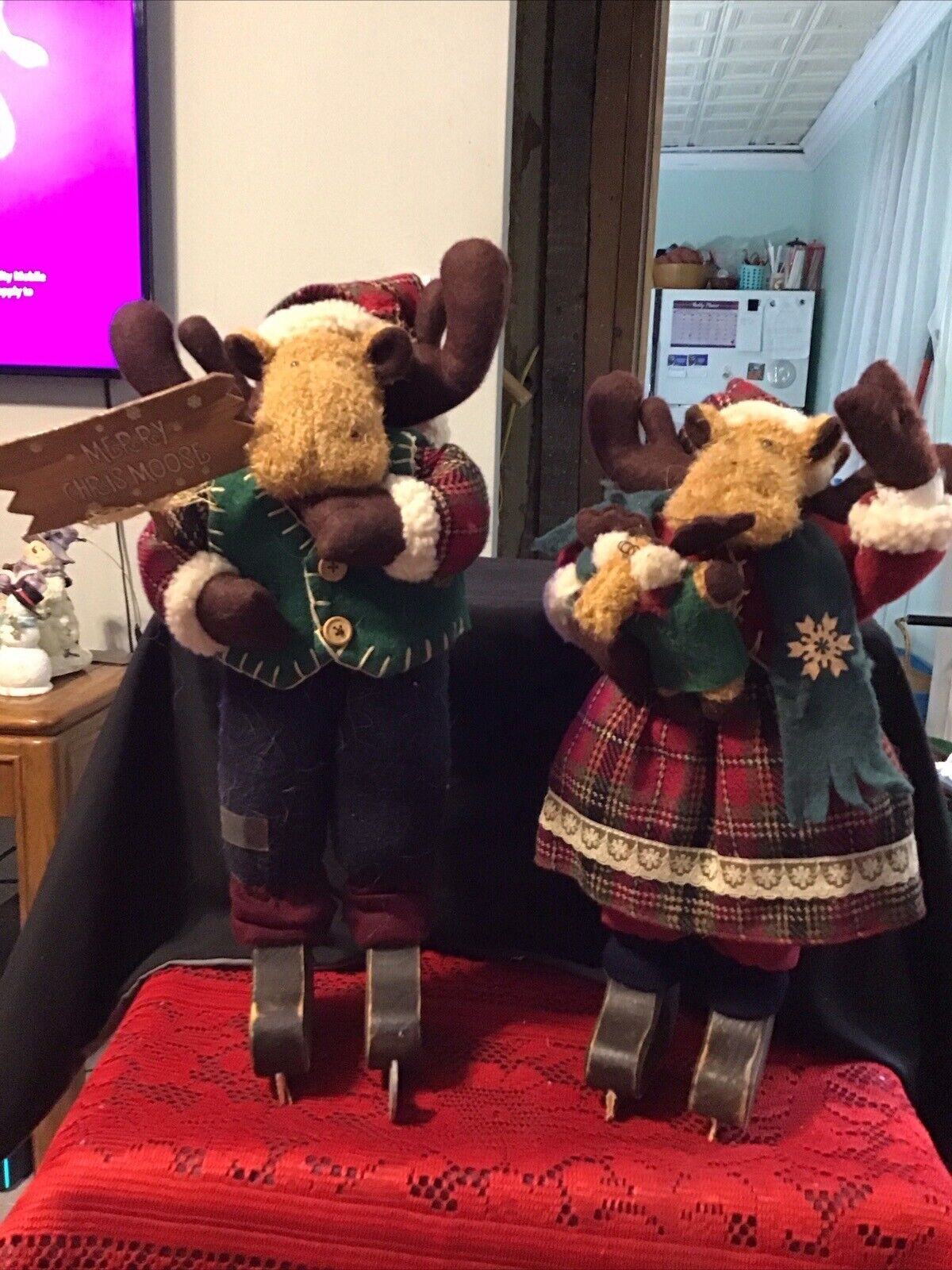 Moose Set Christmas 2 Pc Skating Home Decor Collectibles Wood Fabric 16” Tall