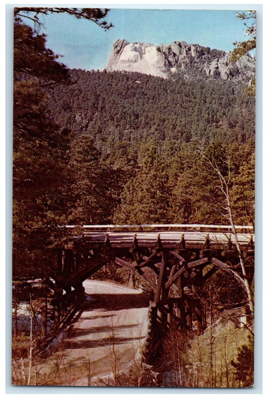 c1950's Mt. Rushmore From Pigtail Bridge Black Hills Of South Dakota SD Postcard