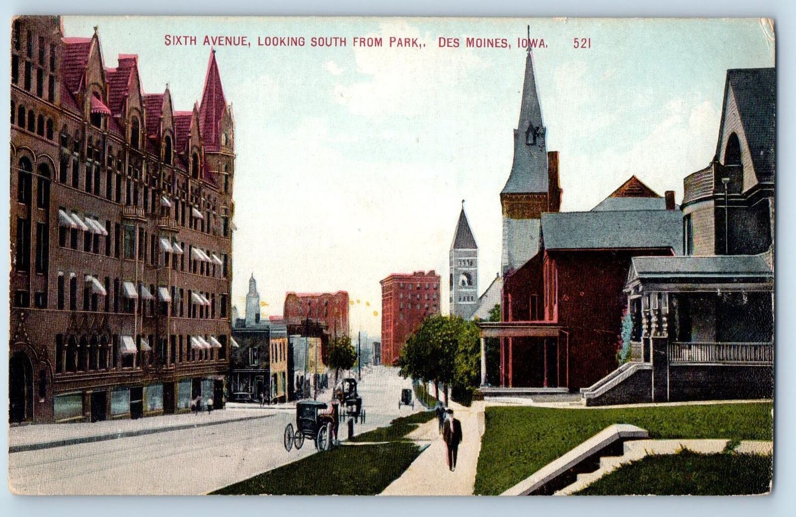 c1910's Sixth Avenue Looking South From Park Carriage Des Moines Iowa Postcard
