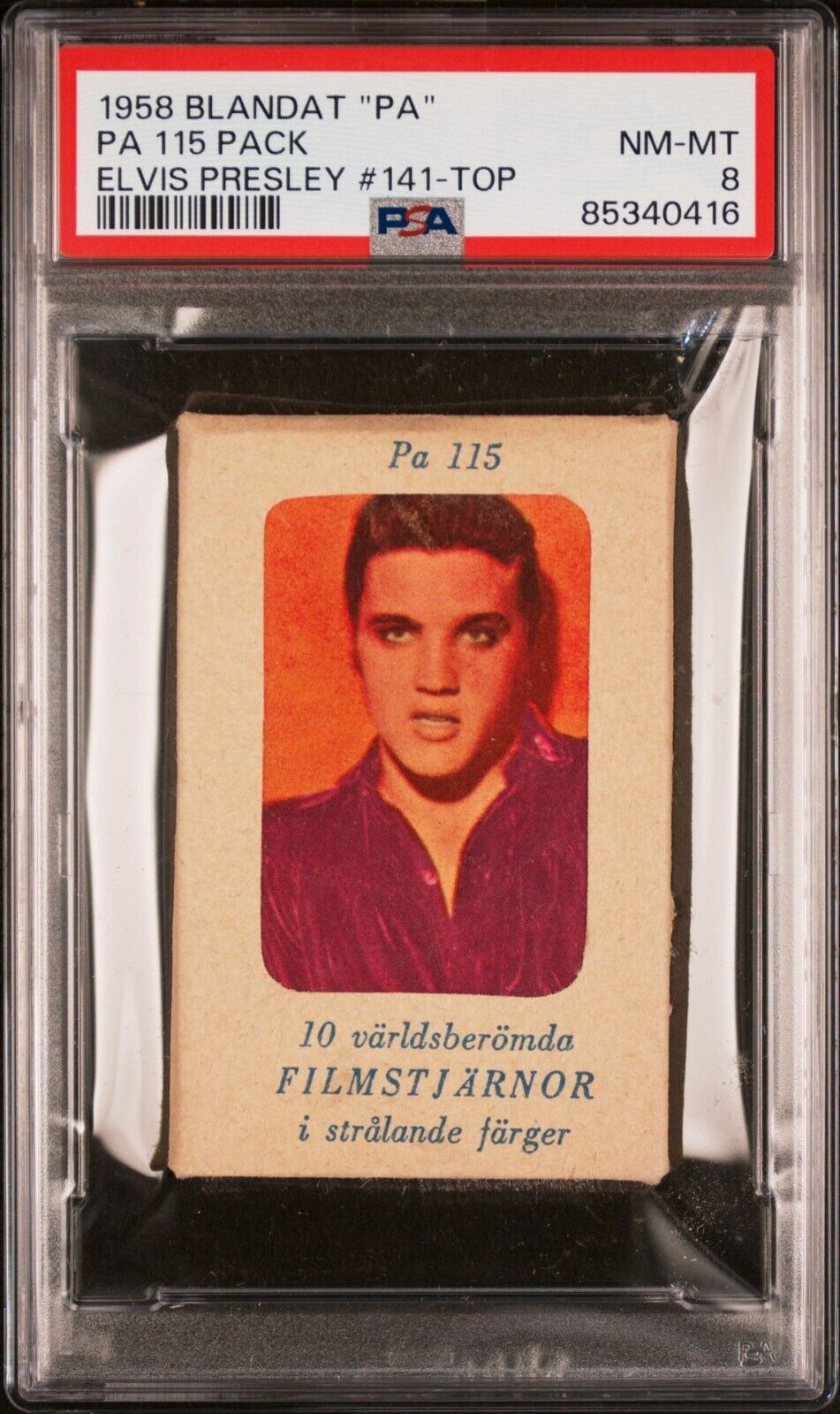 1958 Dutch Gum Card PA #141 Elvis Presley ON TOP UNOPENED PACK PSA 8 POP 1