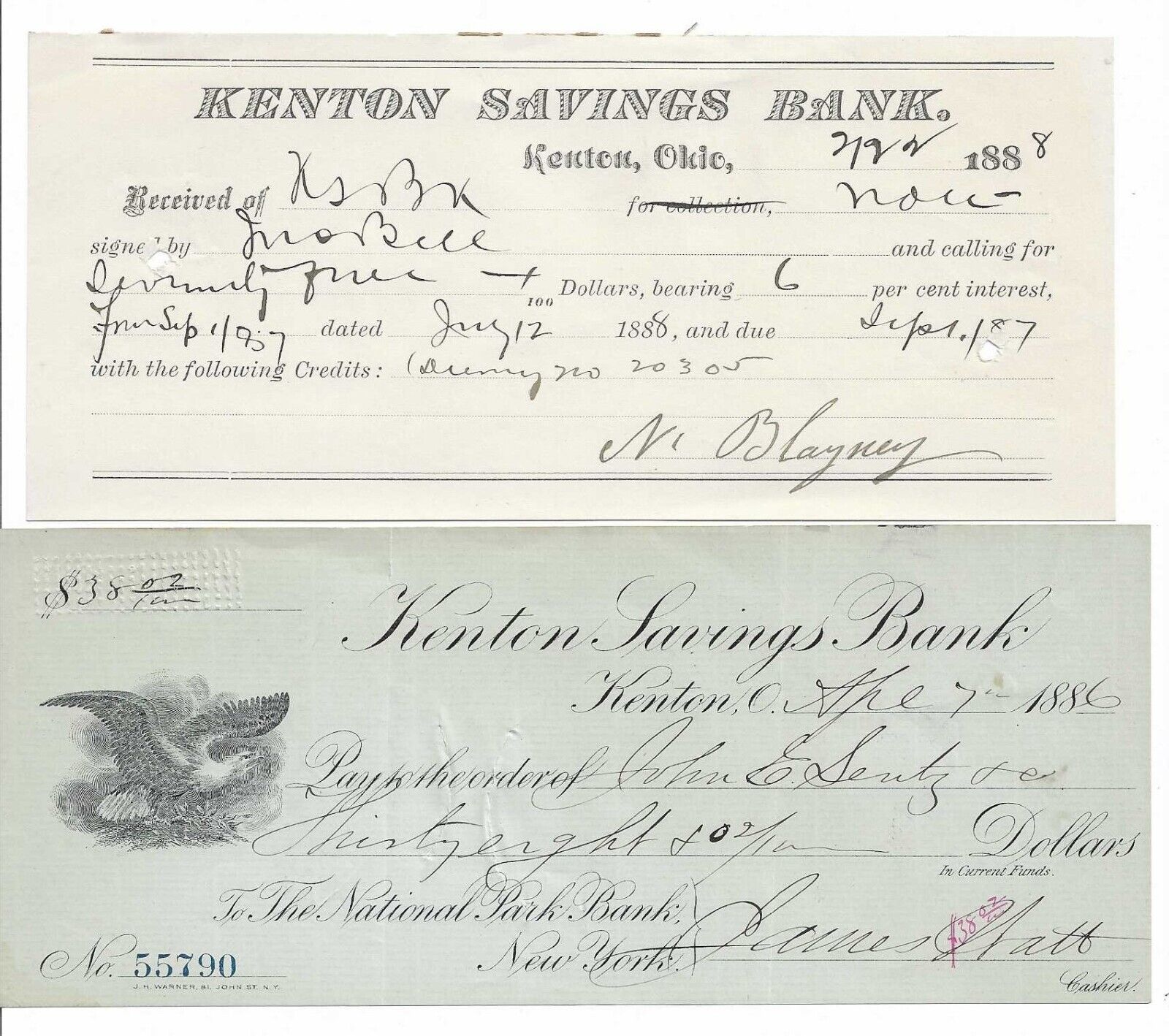 (2) Kenton Ohio OH Bank Papers : 1886, 1888, Kenton Savings Bank, Blayney, Watt