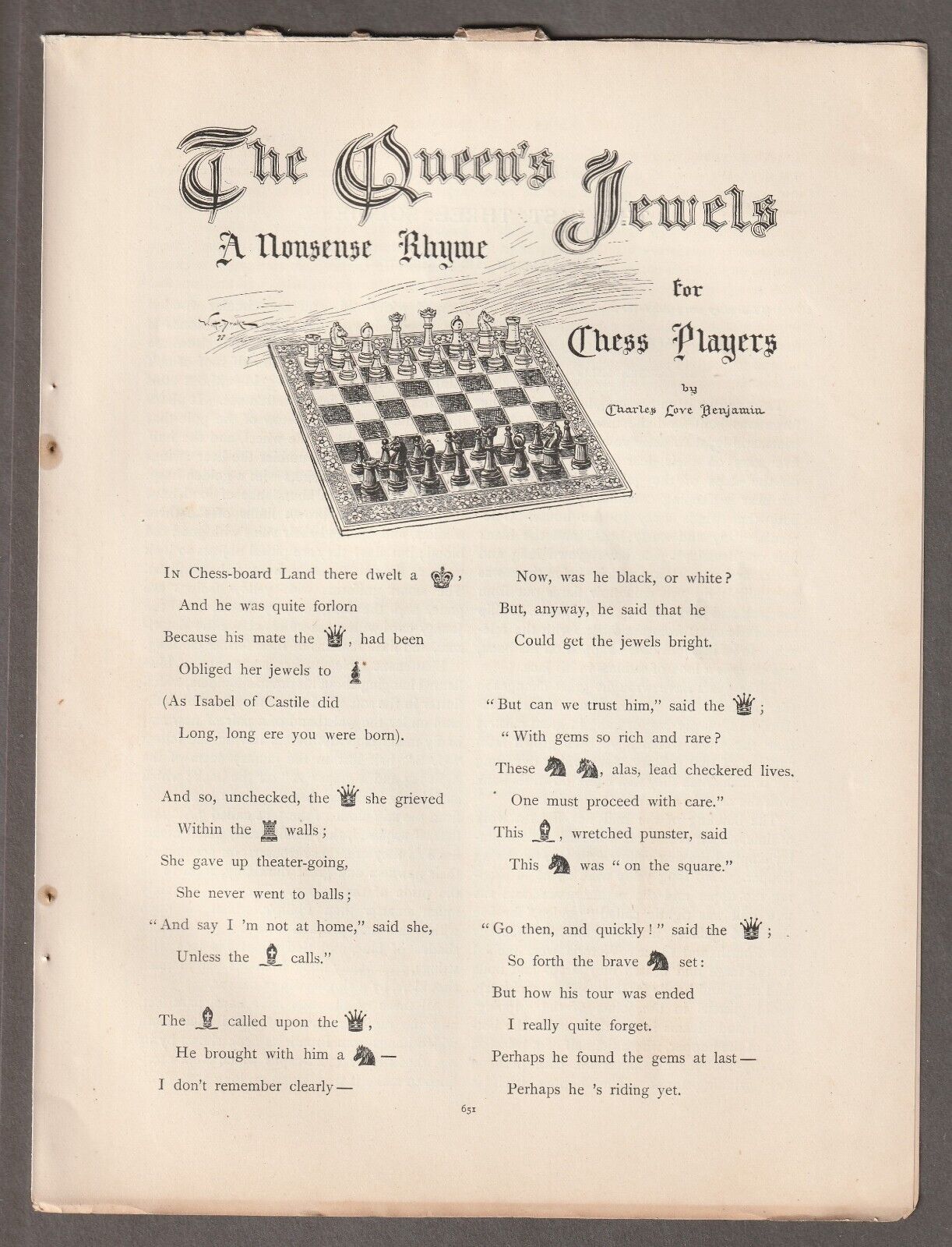 1897 QUEEN\'S JEWELS/CHESS Magazine Page POEM/ARTWORK~Charles BENJAMIN~W.H. DRAKE