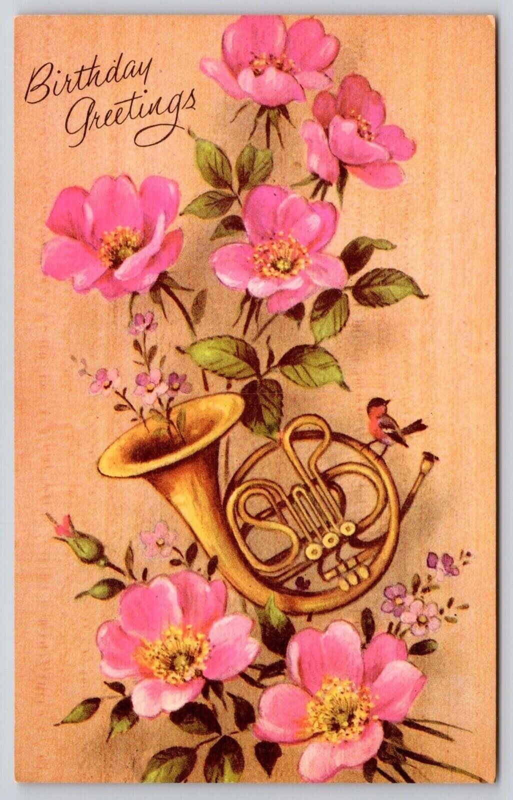 Postcard Wishing Happy Birthday Greetings Pink Flowers UNP VTG Unused Vintage