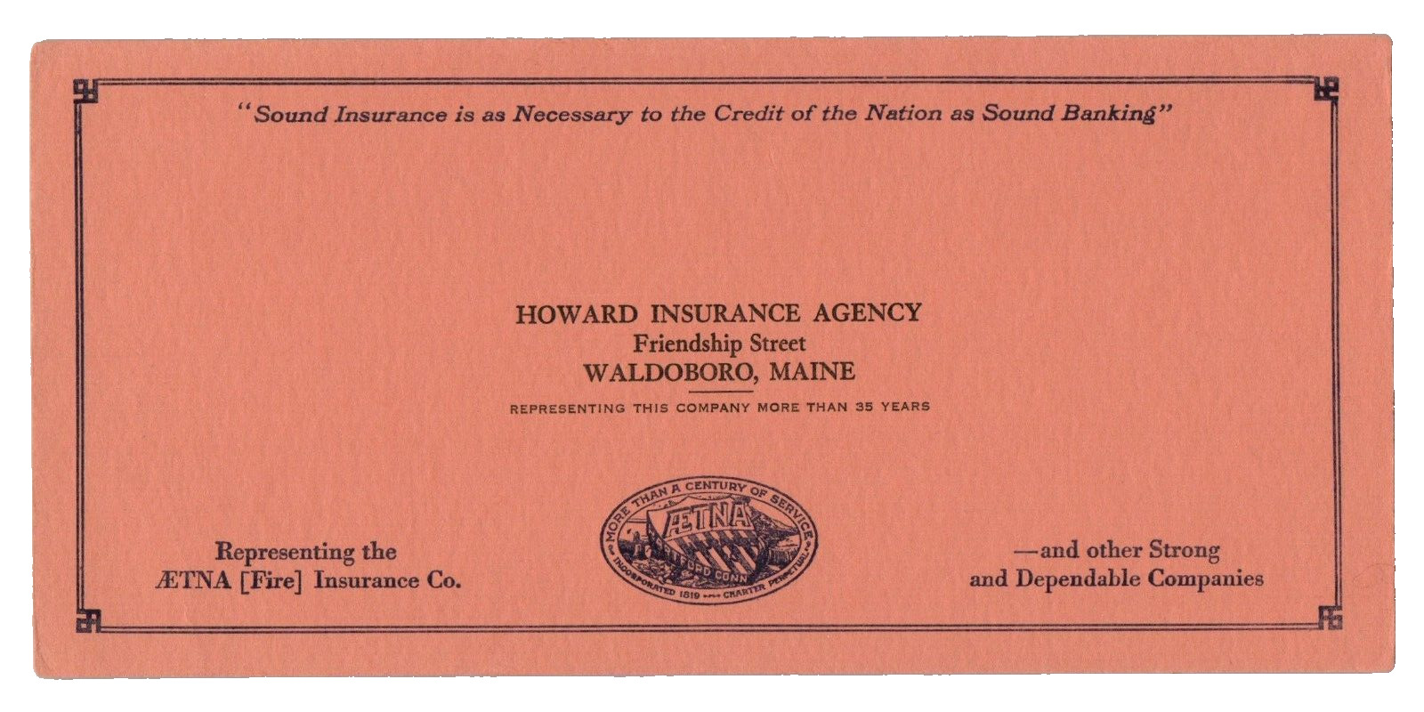 c.1940 AETNA Fire Shield Ad Blotter Howard Insurance Agency Waldoboro ME Maine