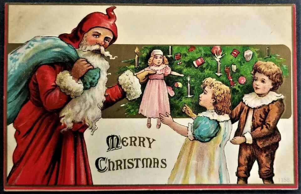 Red Robe Santa Claus with Children~Tree~Toy Sack~Antique Christmas Postcard~h923
