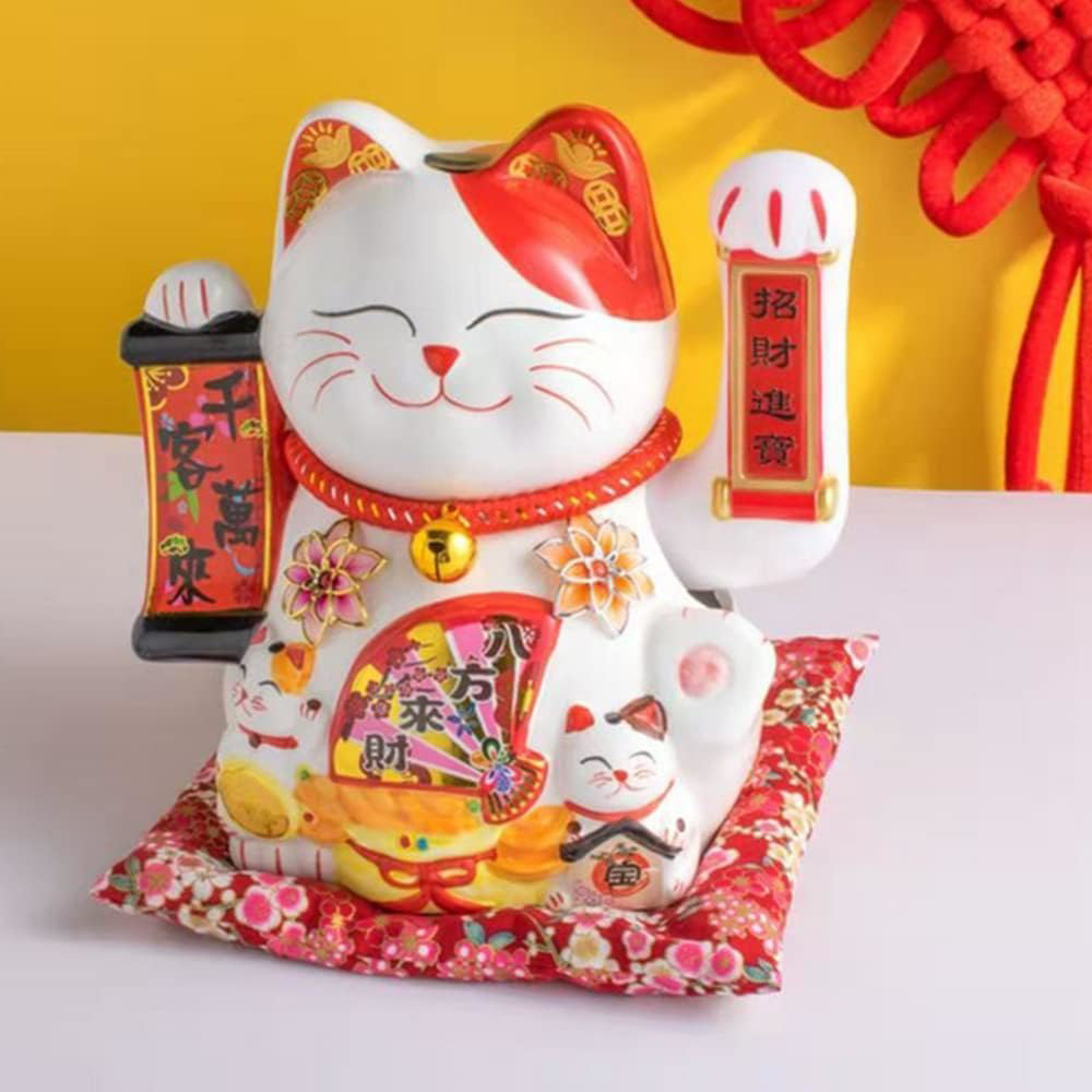 10 Inches Maneki Neko,Lucky Fortune Cat with Waving Arm Gold Operated Chinese Fe
