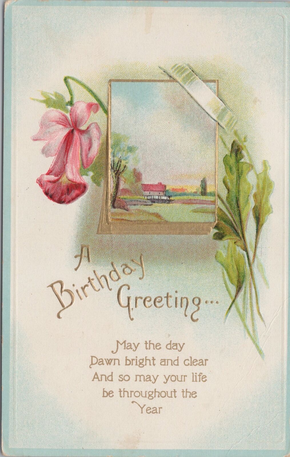 Greetings~Pink Flowers~Cabin On Shoreline~Birthday~Vintage Postcard