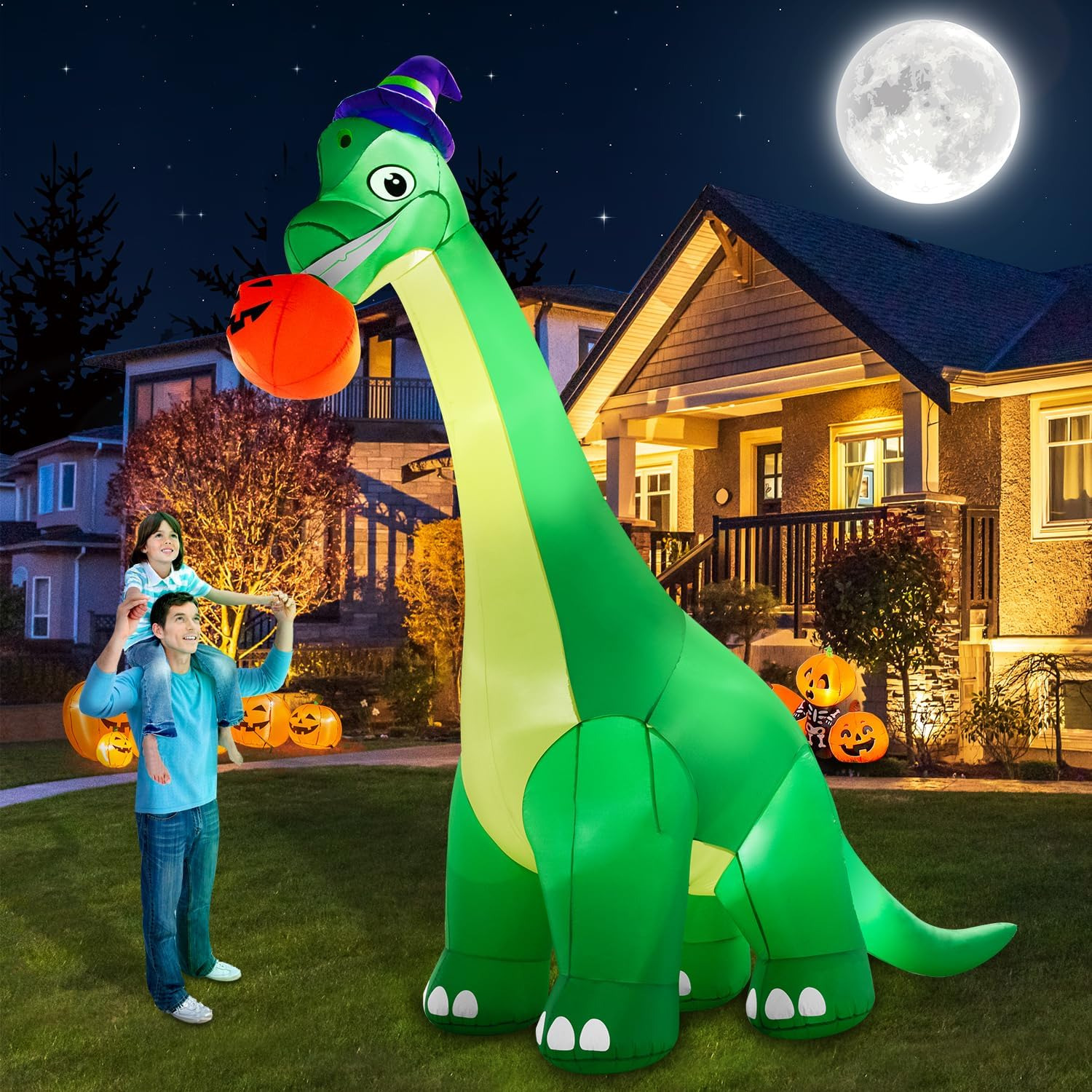 13FT Giant Dinosaur Halloween Inflatable Decorations, Bite Pumpkin with Witch