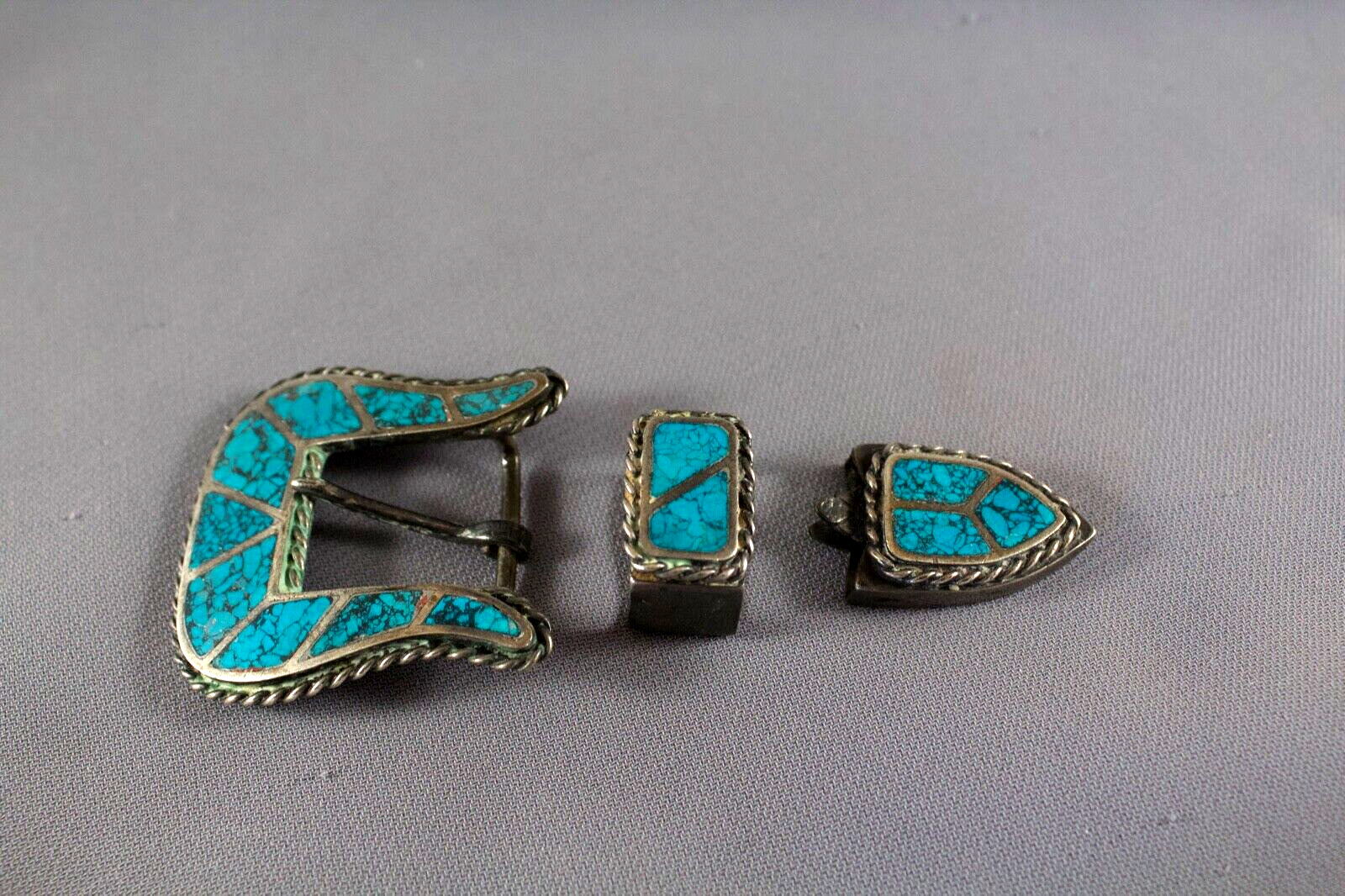 Old Pawn Zuni Sterling Silver And Turquoise Inlaid Belt Buckle