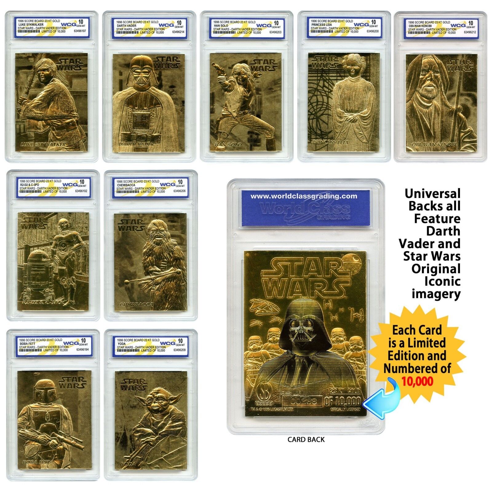 STAR WARS Set of 9 Licensed 23K Gold Cards Graded Gem-Mint 10 DARTH VADER SERIES