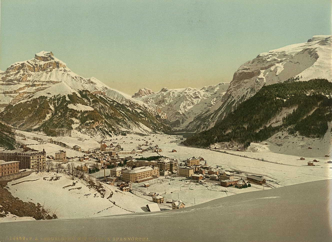 Unterwalden. Engelberg with Titlis and tensioners in winter. Vintage Photochro PZ
