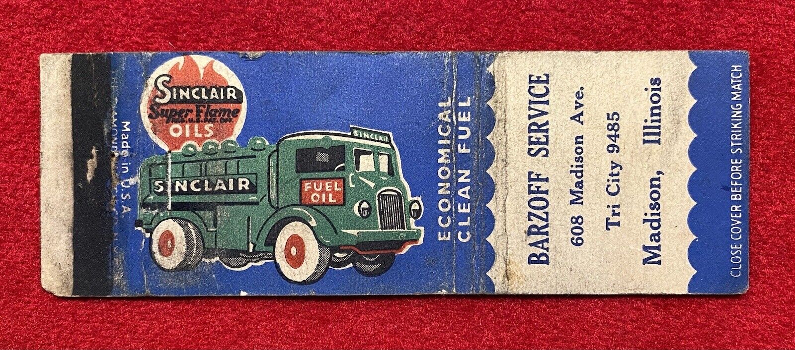 1940c *WWII ERA ~SINCLAIR SUPER FLAME OILS~ GRAPHIC COLOR ADVERTISING MATCHBOOK