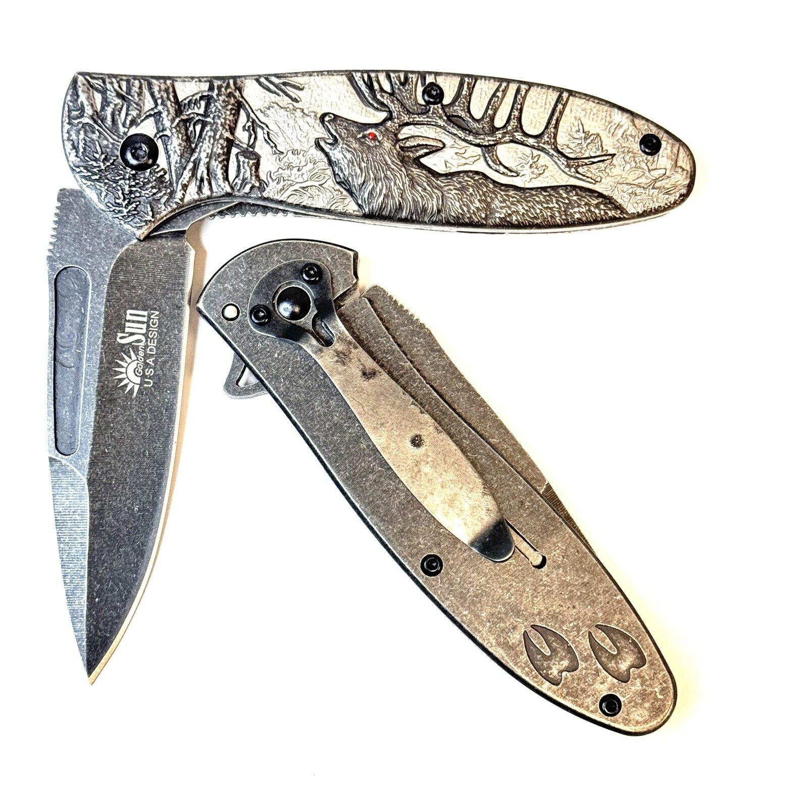 Elk Embossed Stone Wash coating  Stainless Knife EDC  Gear hunting Fishing Gift