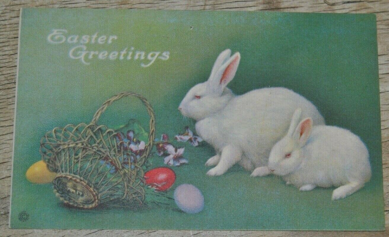 Antique EASTER GREETINGS Made USA Two White Bunnies with Easter Basket Postcard