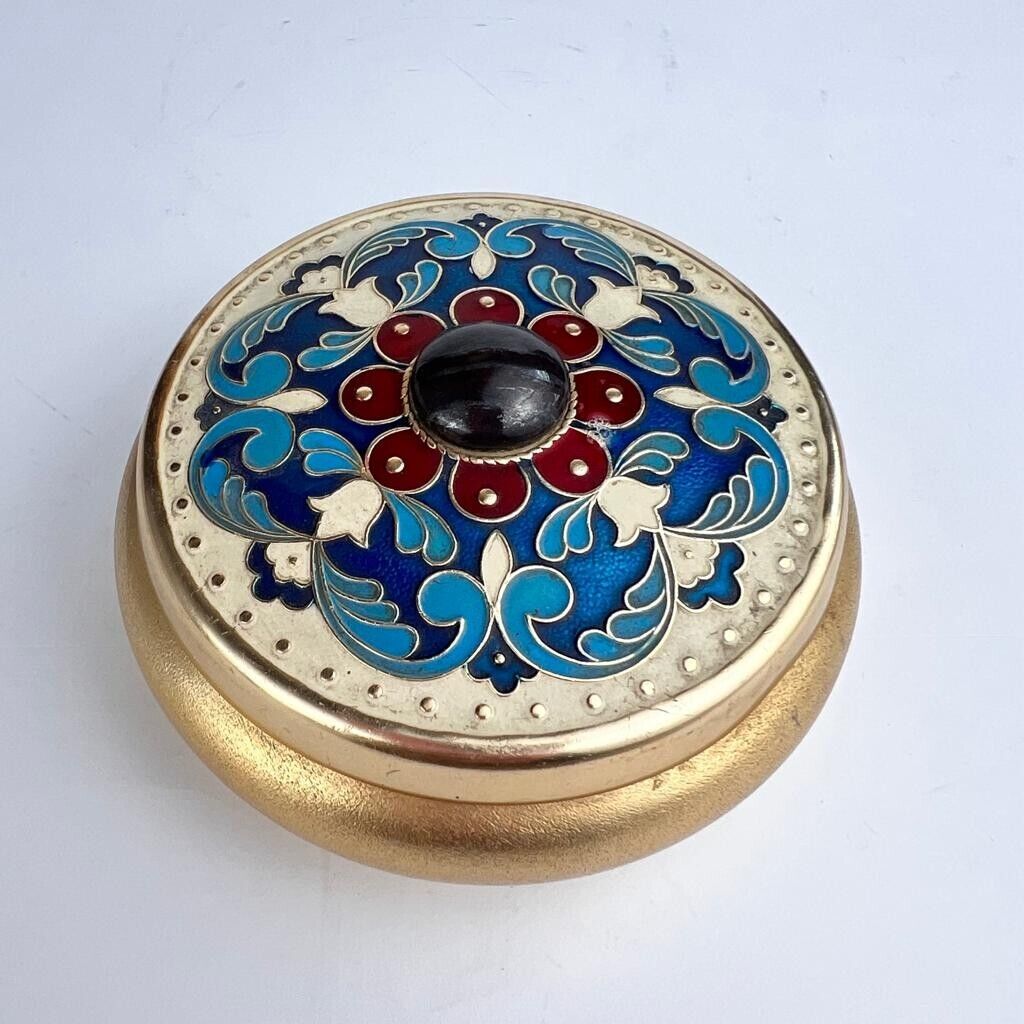 Vintage USSR Gold Plated Colored Enamel Women's Jewelry Trinket Box Powder Box
