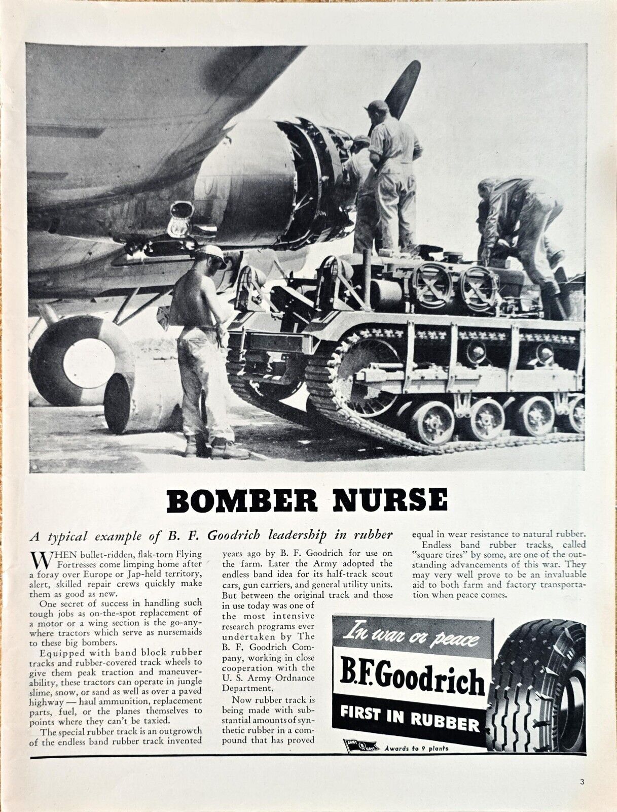 1944-WWII-Vintage Print Ad-BOMBER NURSE-B.F. GOODRICH-In war or peace-Rubber-VTG