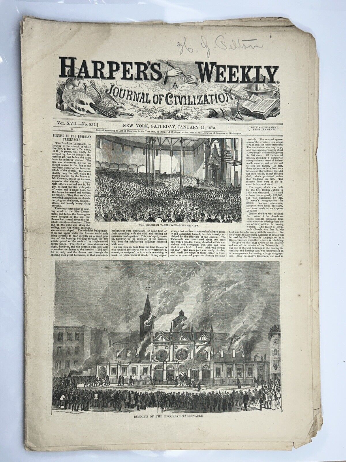 Harper's Weekly - New York - Jan 11, 1873 - Barnum Fire - Sledding - Brooklyn