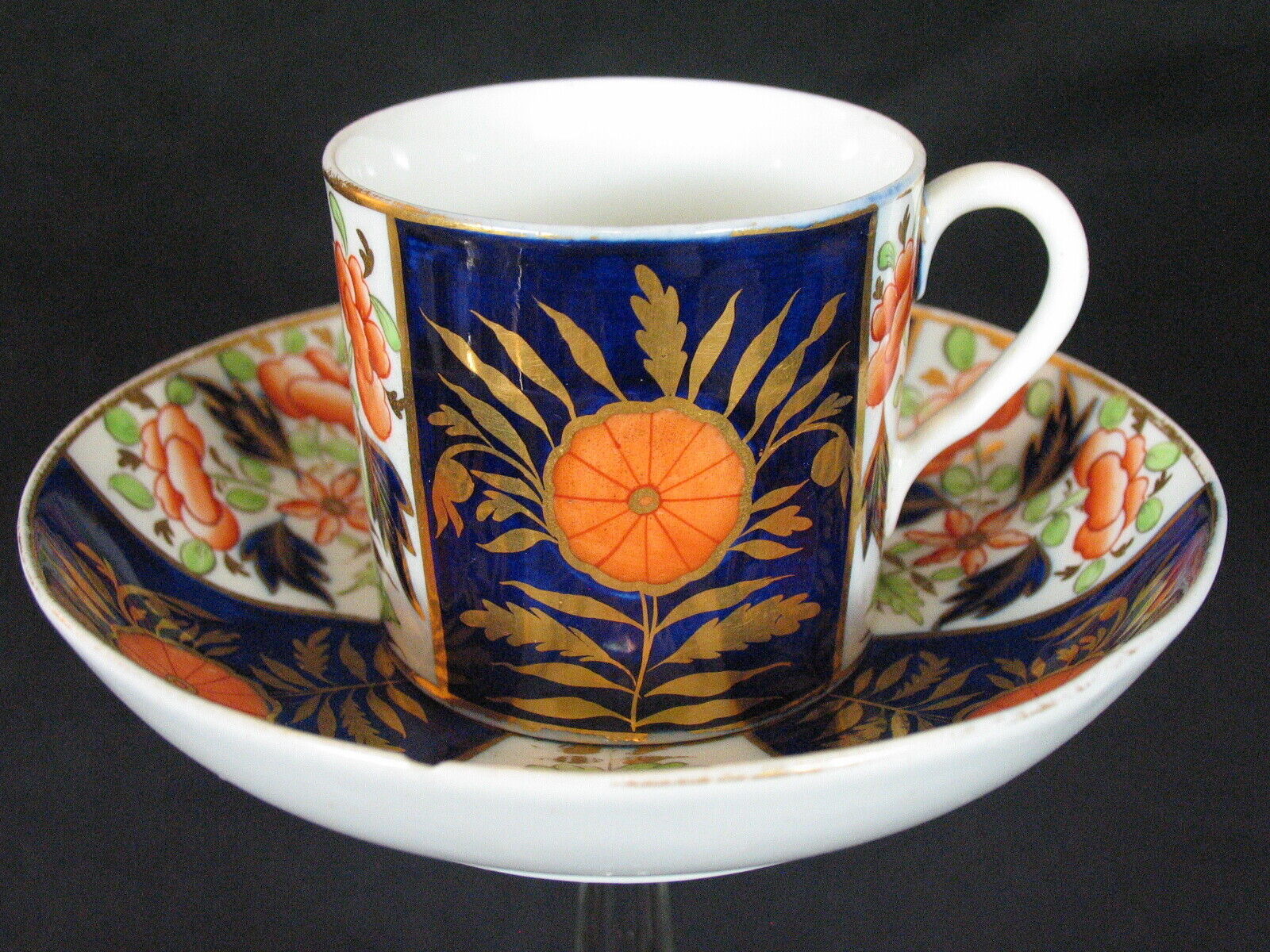Coalport? Antique Porcelain Coffee Can/Cup & Saucer Imari Gilt 19th c.