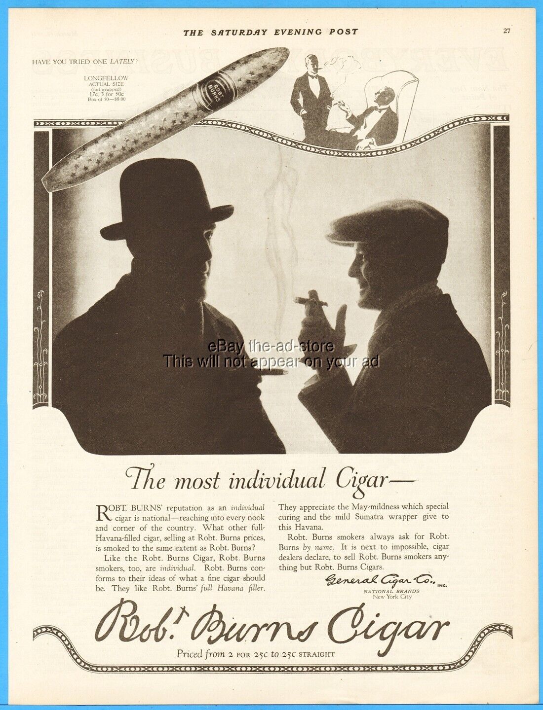 1921 General Cigar Co Robt Burns Longfellow Havana Filler 1920\'s Tobacco Ad