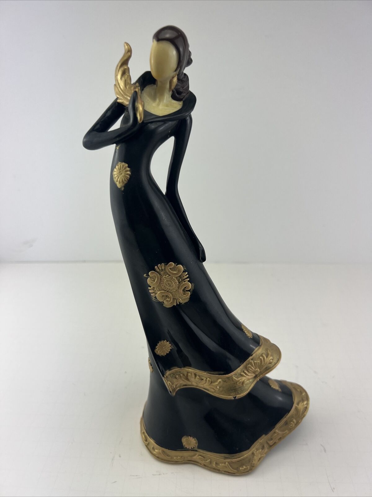 Art Deco Lady Figurine Black & Gold Accent Long Gown Dress.