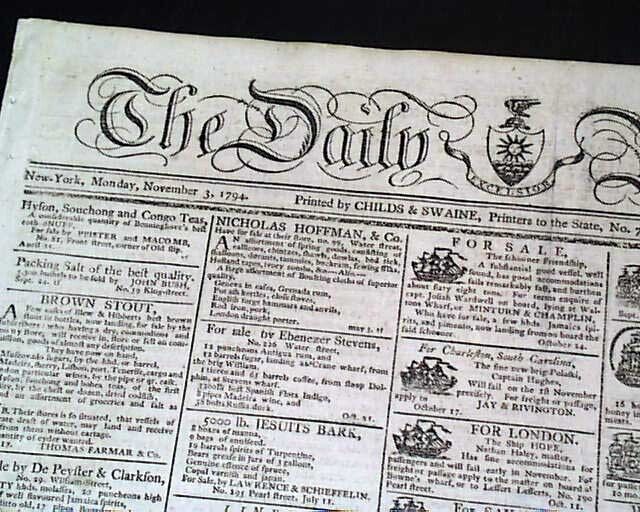 Rare 18th Century w/ Niced Masthead & Illustrated Ship Ads 1794 NYC Newspaper