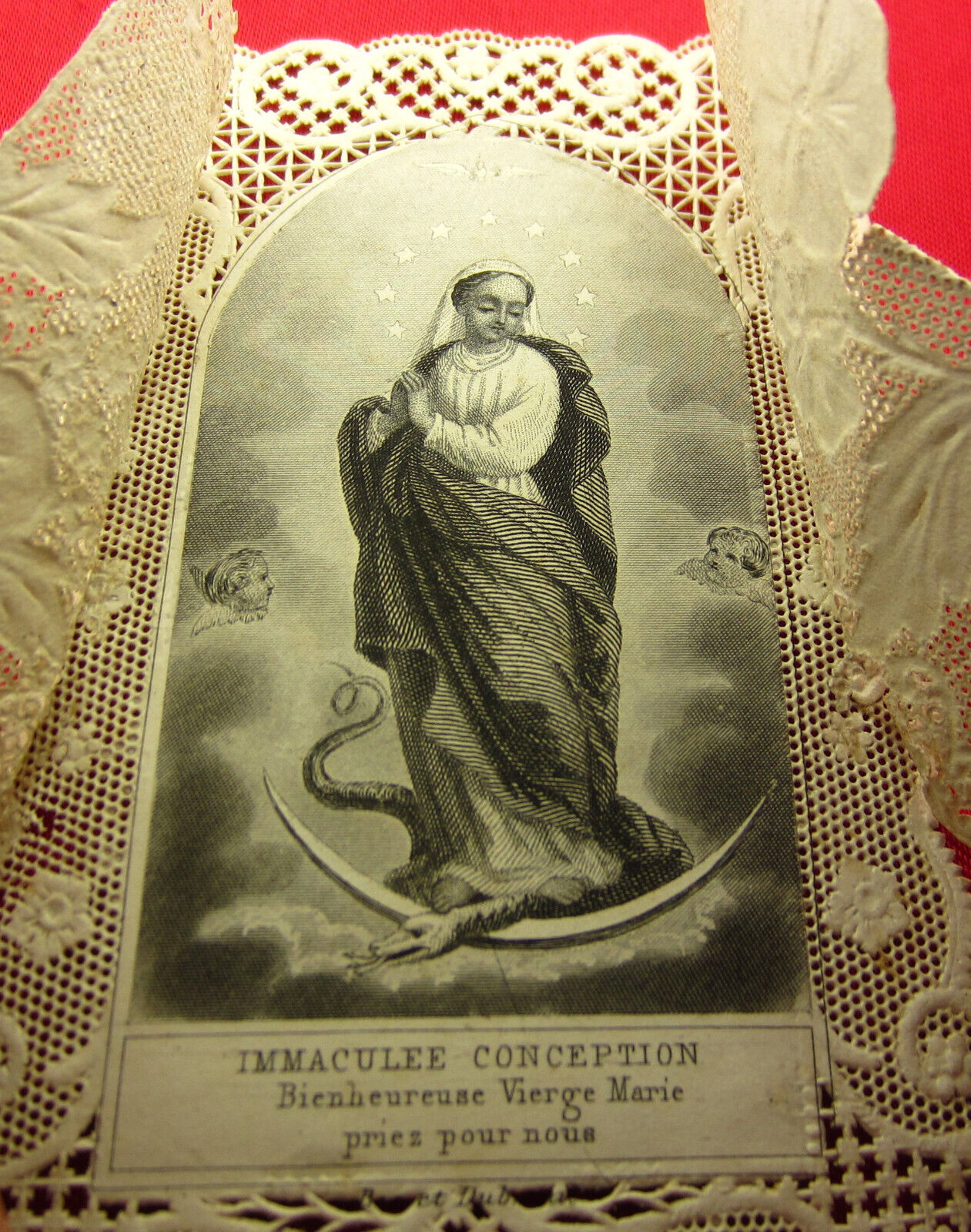 Antique French MARY Lace Holy Card IMMACULATE CONCEPTION Lace Prayer Card OPENS