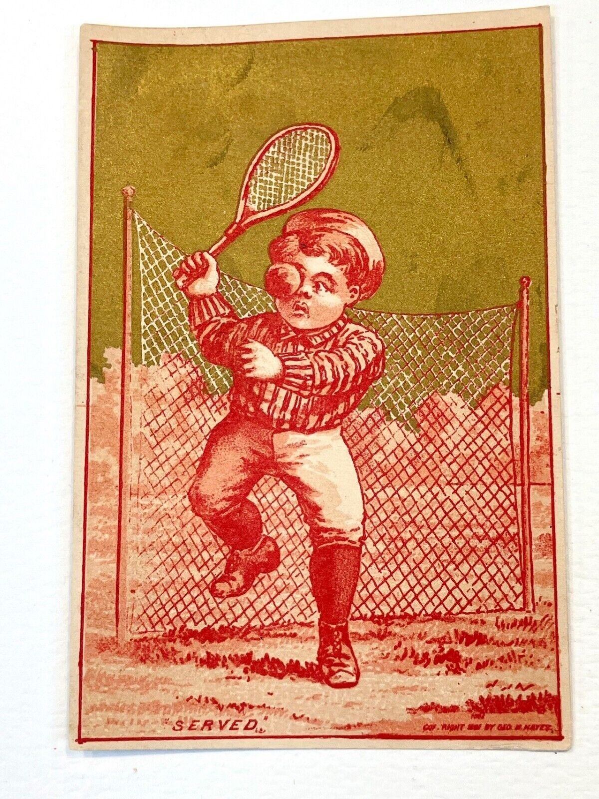 VICTORIAN TRADE CARD GEO. M HAYES 1881 “Served” Tennis Sports