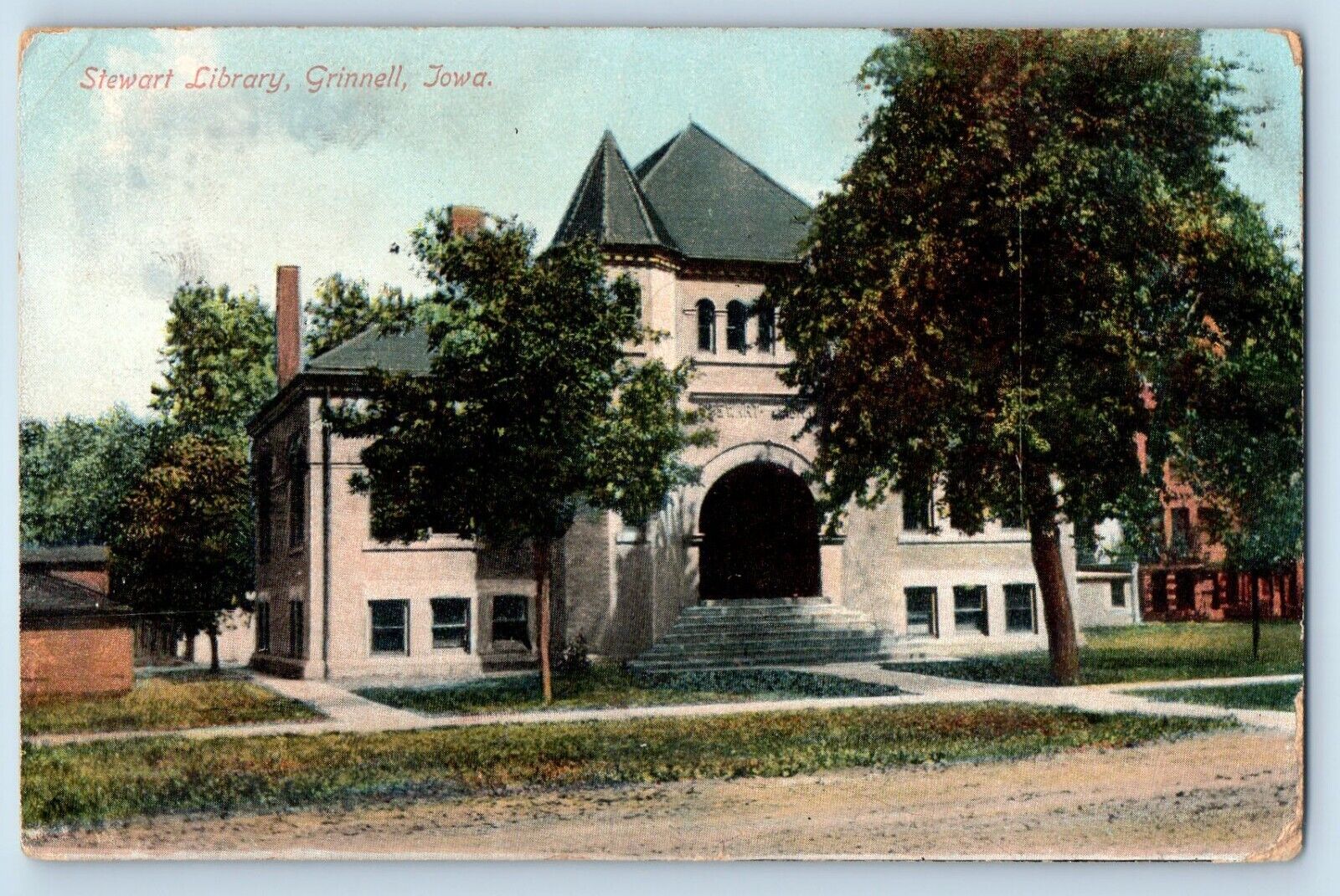 Grinnell Iowa IA Postcard Stewart Library Trees Street Garden View 1908 Antique
