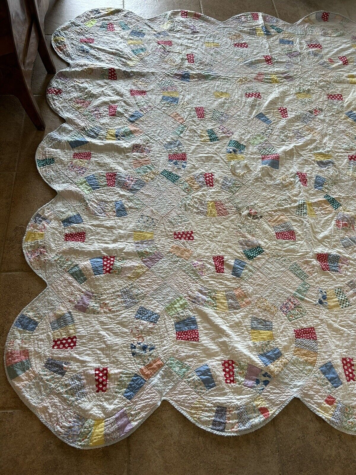 Antique Handmade Double WEDDING RING QUILT Colorful Feedsack Prints 87X91 Damage