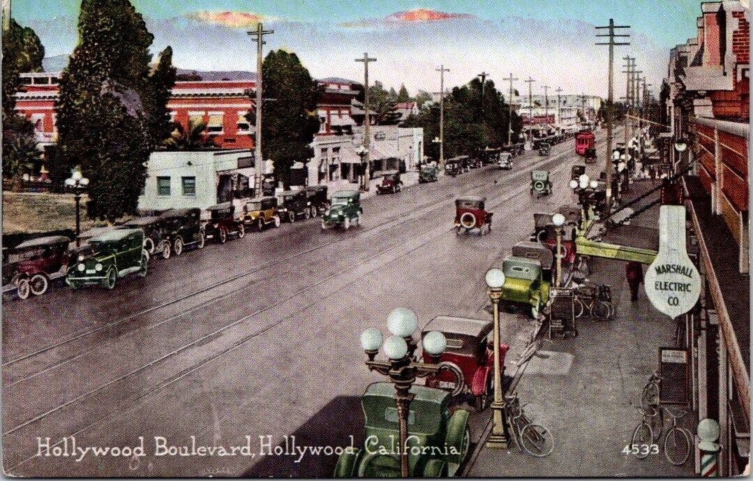 Hollywood Boulevard CA Marshall Electric Co Bicycles Autos c1910s postcard JQ1