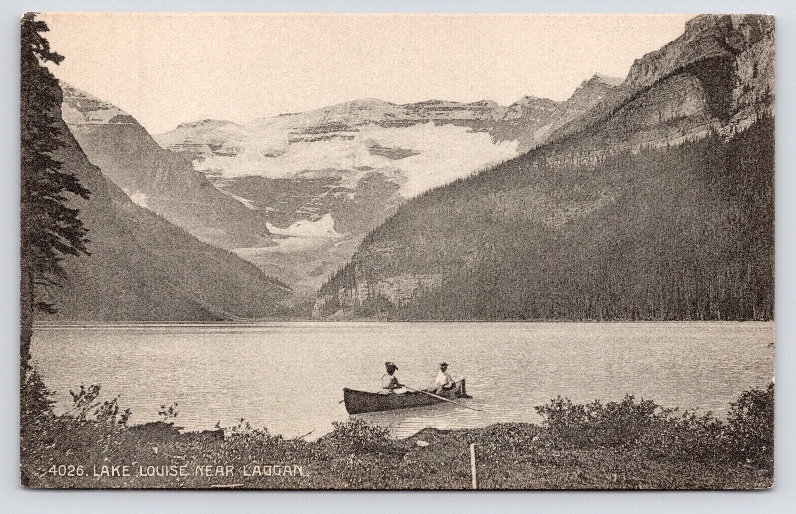 c1908~Lake Louise Alberta~Banff National Park~Rowboat Couple~Antique Postcard