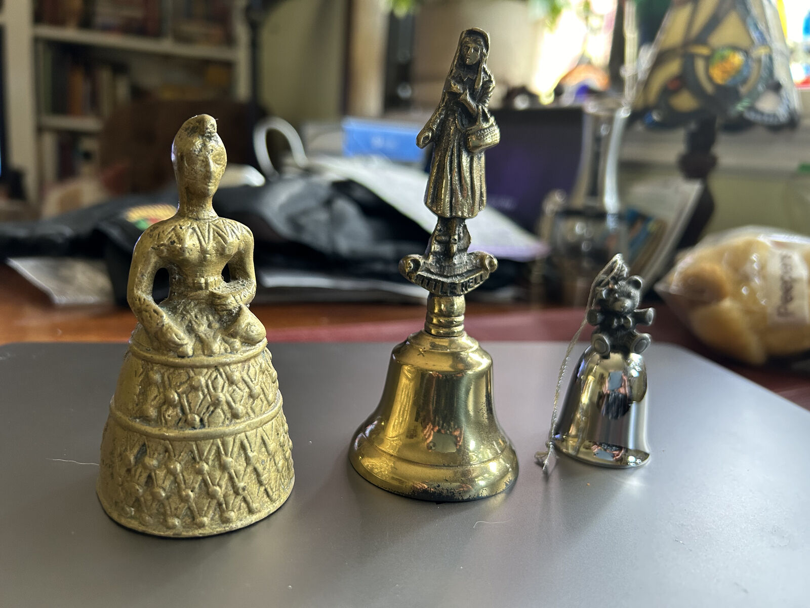 3 Vintage Victorian Lady Bell with Feet Clapper, Little Nell, Bear.  England