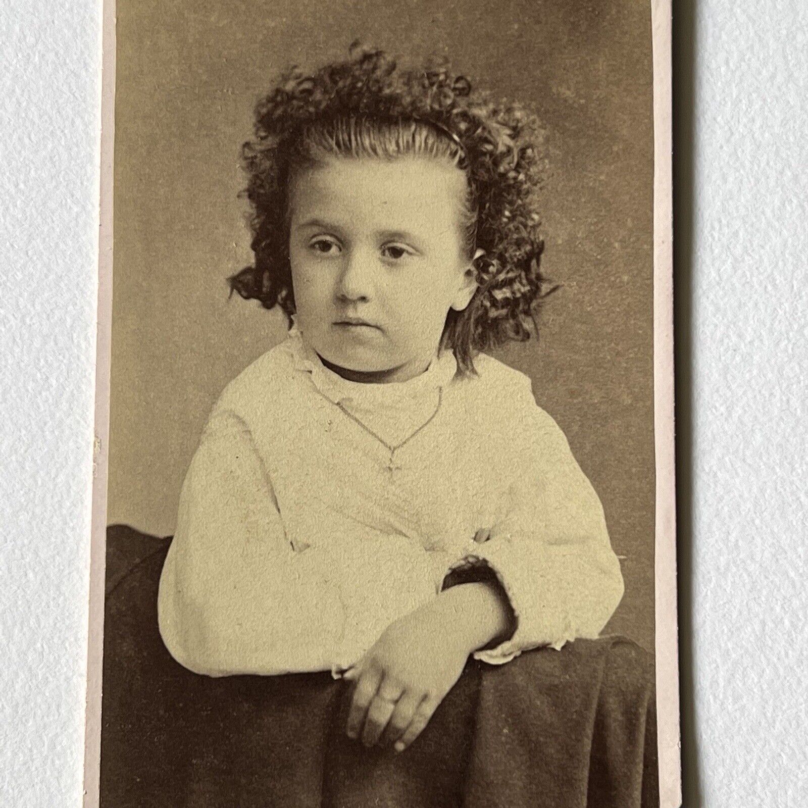 Antique CDV Photograph Adorable Little Girl Curly Hair Bangor ME