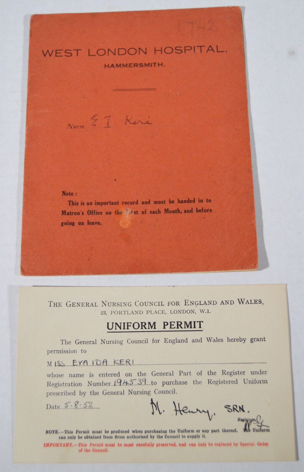 1949 Original West London Hospital Hammersmith Nurse's Records & Uniform Permit 